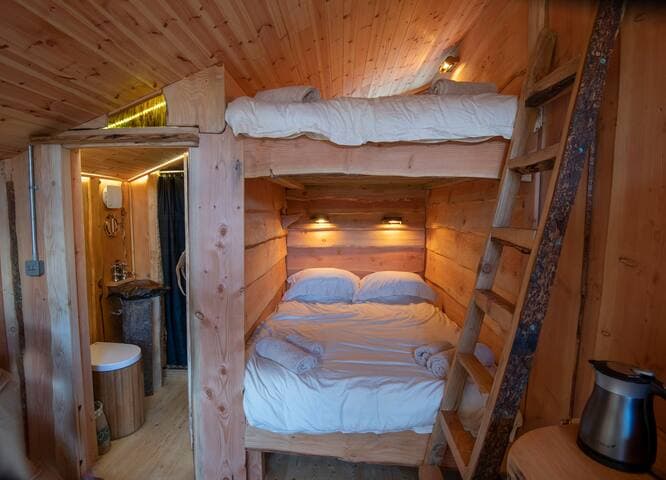 Eco-friendly, carbon neutral luxury mattress, organic cotton mattress protectors, butter soft Nour Luxury bedding, recycled plastic bottle pillows, soft bamboo towels, salvaged maritime bedlights, bespoke wooden ladders