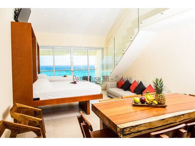 Plenty of space in the living room once the murphy beds are pulled down