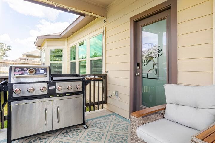Our popular barbecue space, where guests can indulge in a classic carne asada experience. This dedicated outdoor area, complete with a cozy deck and warm lighting, is a favorite among our guests who grill and enjoy delicious meals.