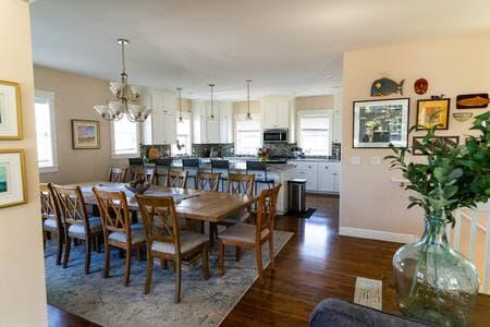 View of dining and kitchen from the living room.