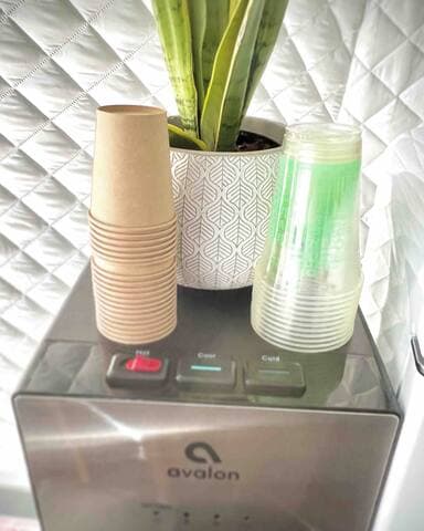 Drinking water dispenser and biodegradable cups for guests.