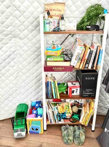 Games, books, toys, goodies for relaxing. Projector and screen for watching movies outside at night.