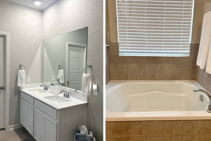 Master bath amenities:
- Separated Toilet
- Double vanity
- Wall dryer
- Shower Room
- Hot Tube.