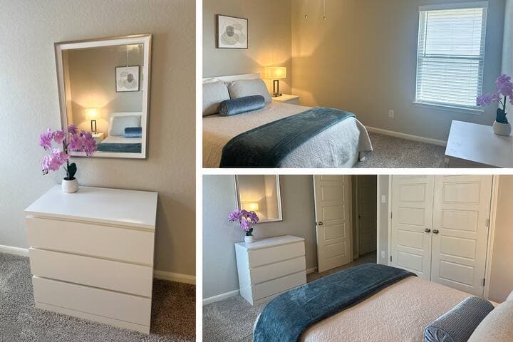 Bedrooms has its own mirror and storage furniture for your belongings.