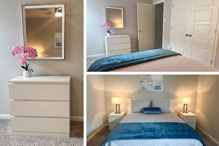 Bedroom with a Queen Bed, walling Closet, table for suitcase, Smart fan and more.