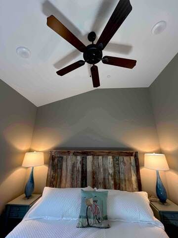 Bedroom 1 - high ceilings with fans.