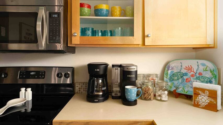Everything you need for a perfect cup of morning joe including a Mr. Coffee drip coffee maker, Keurig and French press.