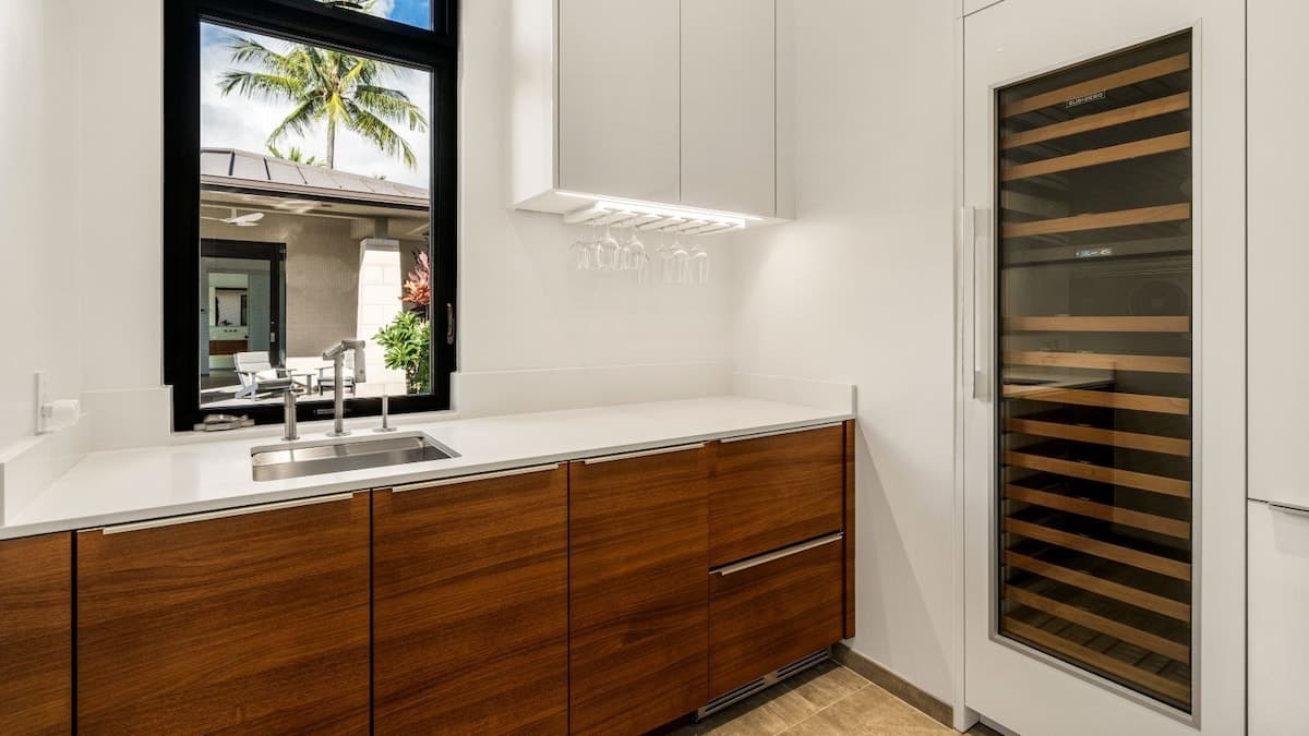 Wine storage, wet bar, and refrigerator drawers