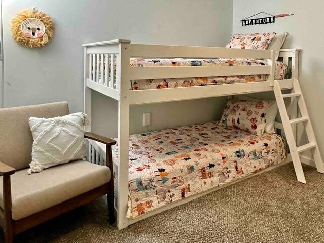 The kids room has blackout curtains, a sound machine, a night light and a baby monitor so you can pack light when traveling with little ones!