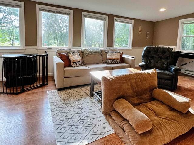 Relax with friends and family after a day at the beach or pool, surrounded by natural afternoon light
The living room fireplace has permanent child safety gates