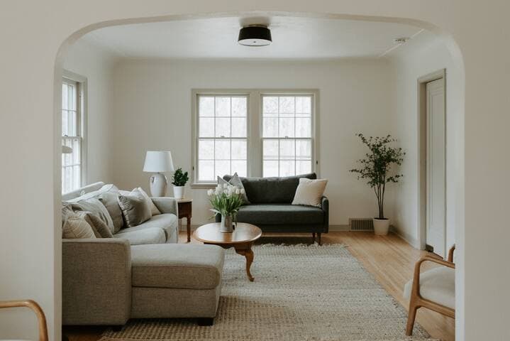 Living room with West Elm pullout bed, smart TV, and plenty of room to gather as a group.