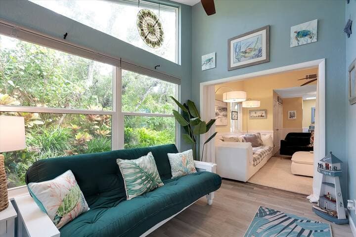 Sunroom with futon double bed.