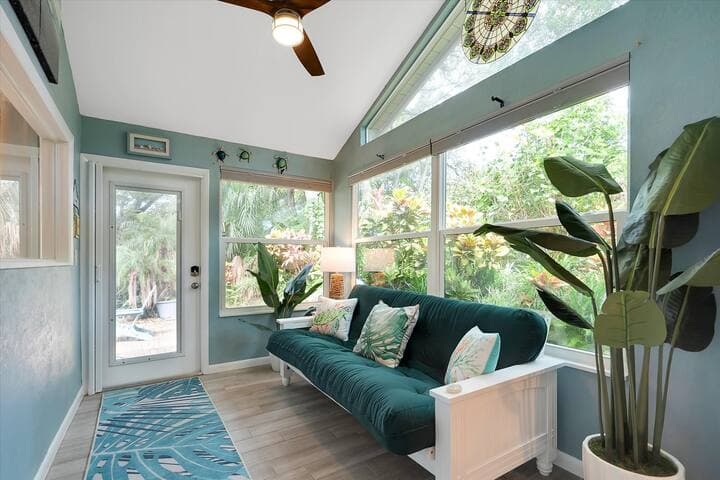 Sunroom with futon double bed.
