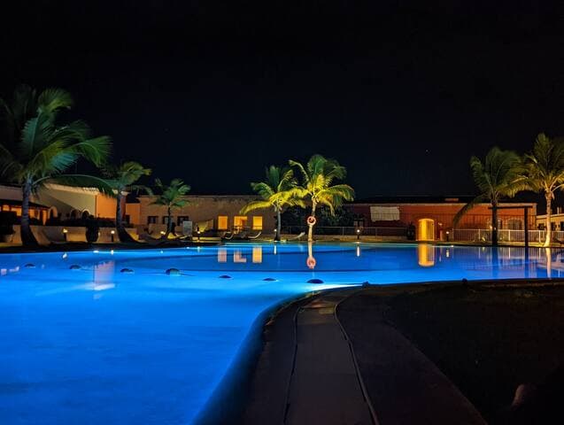 Serene pool seen at night showing its beautiful glow.
Closest pool (2 min walk) to your accommodations.