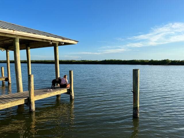 Many restaurants and shops are dog-friendly. Some restaurants even have doggy menus. This was taken at the docks behind JB's Fish Camp overlooking the riverside.