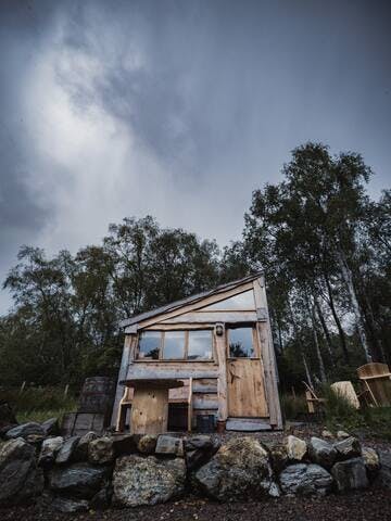Moody skies but you will be sheltered in the warmth of Keppoch, the middle of our 3 tiny houses