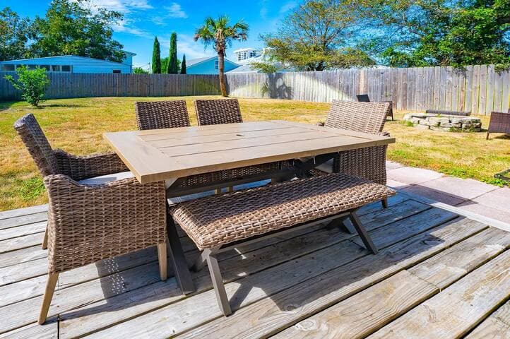 Enjoy a safe and secure fenced-in space for kids to play while you enjoy dinner on the patio.