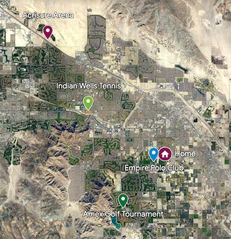 Central location. Walking (1.5 miles) to Empire Polo Fields and short driving distance to Indian Wells tennis, Acrisure and PGA West