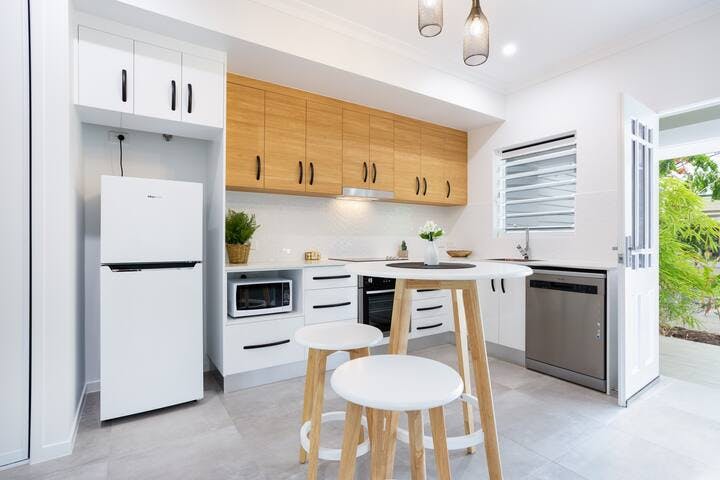 Fully equipped kitchen with everything you'll need to cook your own meals. The kitchen is equipped with all the latest appliances inc a dishwasher, toaster, microwave oven, ceramic glass cooktop & electric oven, oh & a coffee espresso machine.