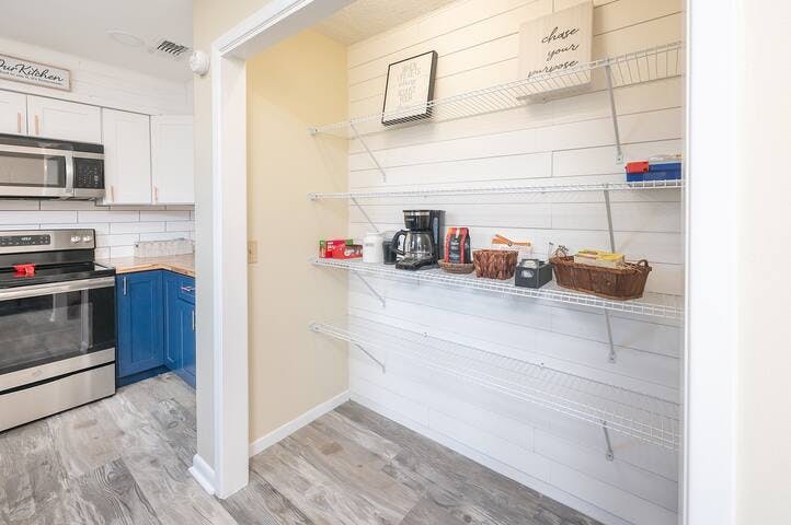 Mornings are always better with plenty of pantry space and a full coffee bar available. Broom, dustpan and vacuum also provided.