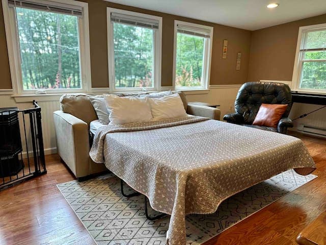 The living room couch pulls out to a comfortable queen sized bed and you’ll wake up in the morning surrounded by natural light