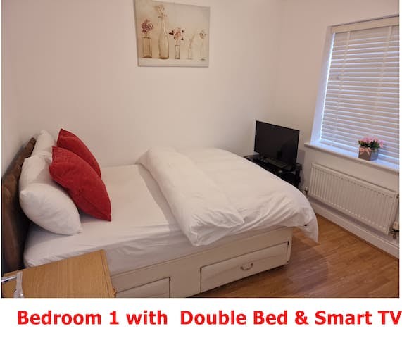 Bedroom 1 with Double bed and smart tv