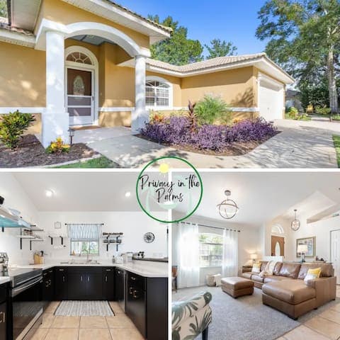 Overview of Privacy in the Palms including front exterior, living room and kitchen! Bring your doggy and enjoy your stay!