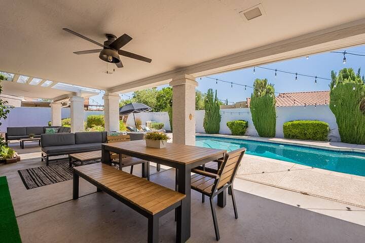 FEATURE #2: Oasis Backyard! Relaxation and dining await with the perfect combination of poolside bliss, feasts, and cozy lounging in the sun or in the shade