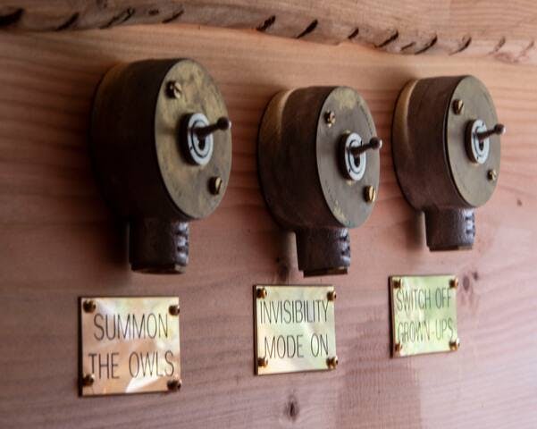 Some left-over switches were made into a fun feature at the 'bothy platform' sleeping area for younger guests, we think they will have fun 'switching off' the adults!