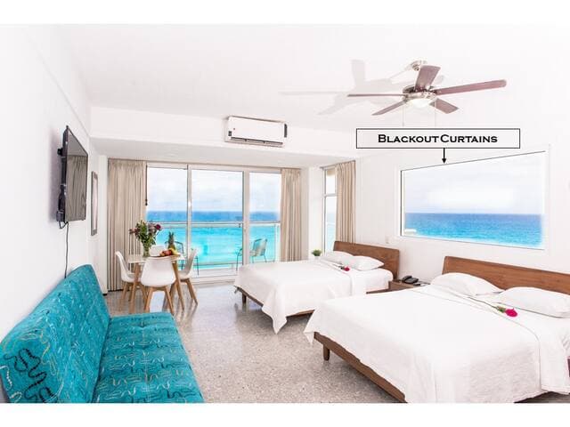 Bedroom 1. Incredible ocean views for miles! Blackout curtains installed.