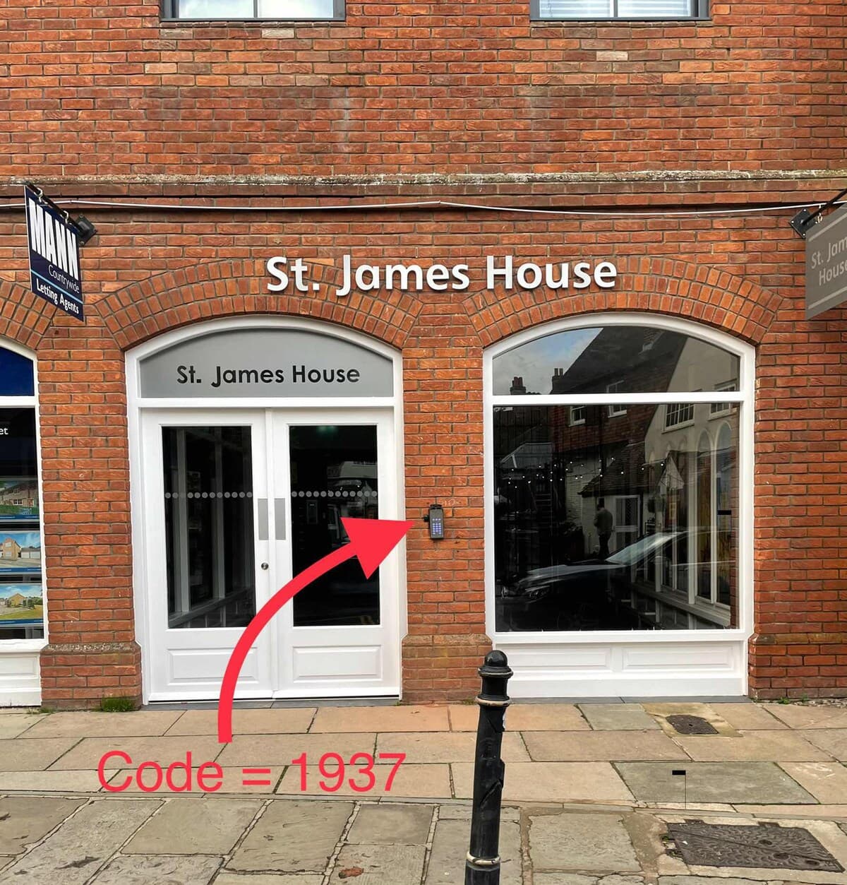 From the street use the keypad on the right, code 1937 will unlock doors. Then go to metal gates.