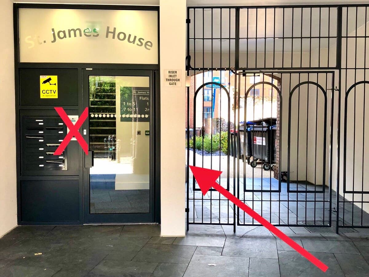 Do not use keypad at the door. If gate is locked use small keypad on left: code 1066.