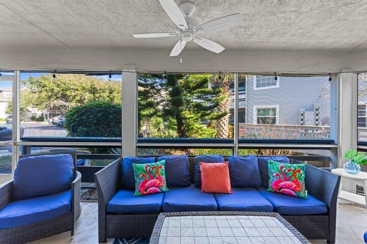 Private veranda features plenty of comfortable seating. Perfect place for morning coffee, afternoon siesta or just to hang out with family and friends.