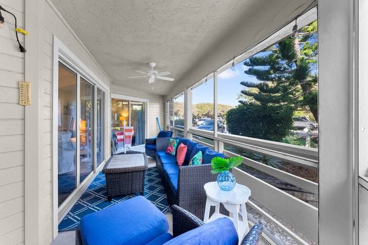 View of veranda from primary bedroom sliders.